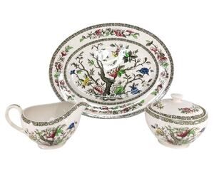 Johnson Bros Indian Tree Green Greek Key Platter Creamer Lidded Sugar Bowl Set